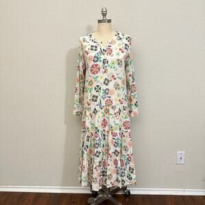 CHRISTOPHE SAUVAT Maxi Dress Floral Tiered Roll Tab Sleeve Boho Hippie